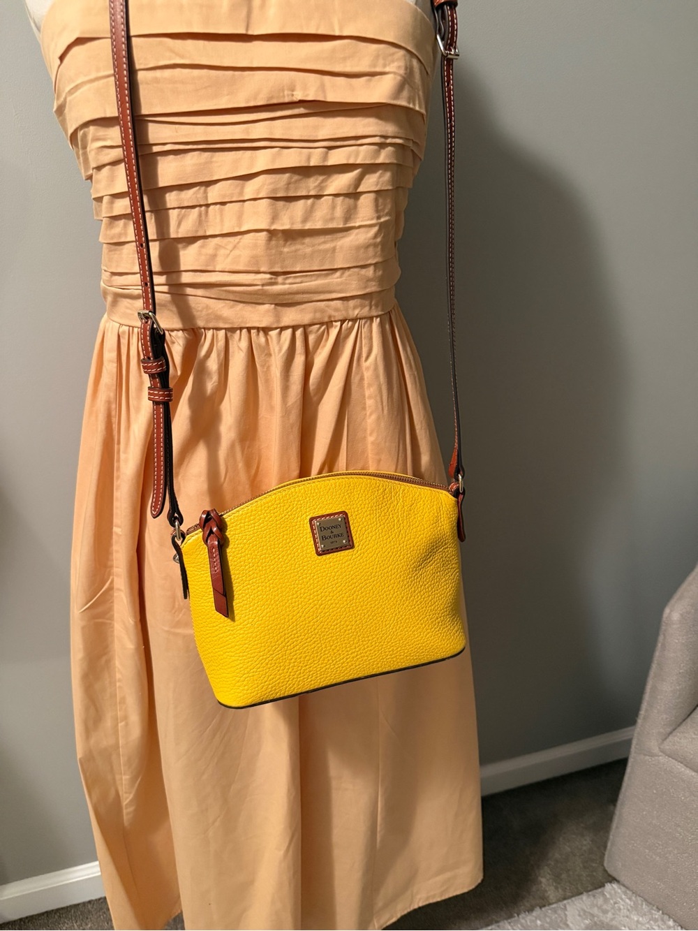 Dooney & Bourke Yellow Pebble Leather Crossbody with Brown Strap